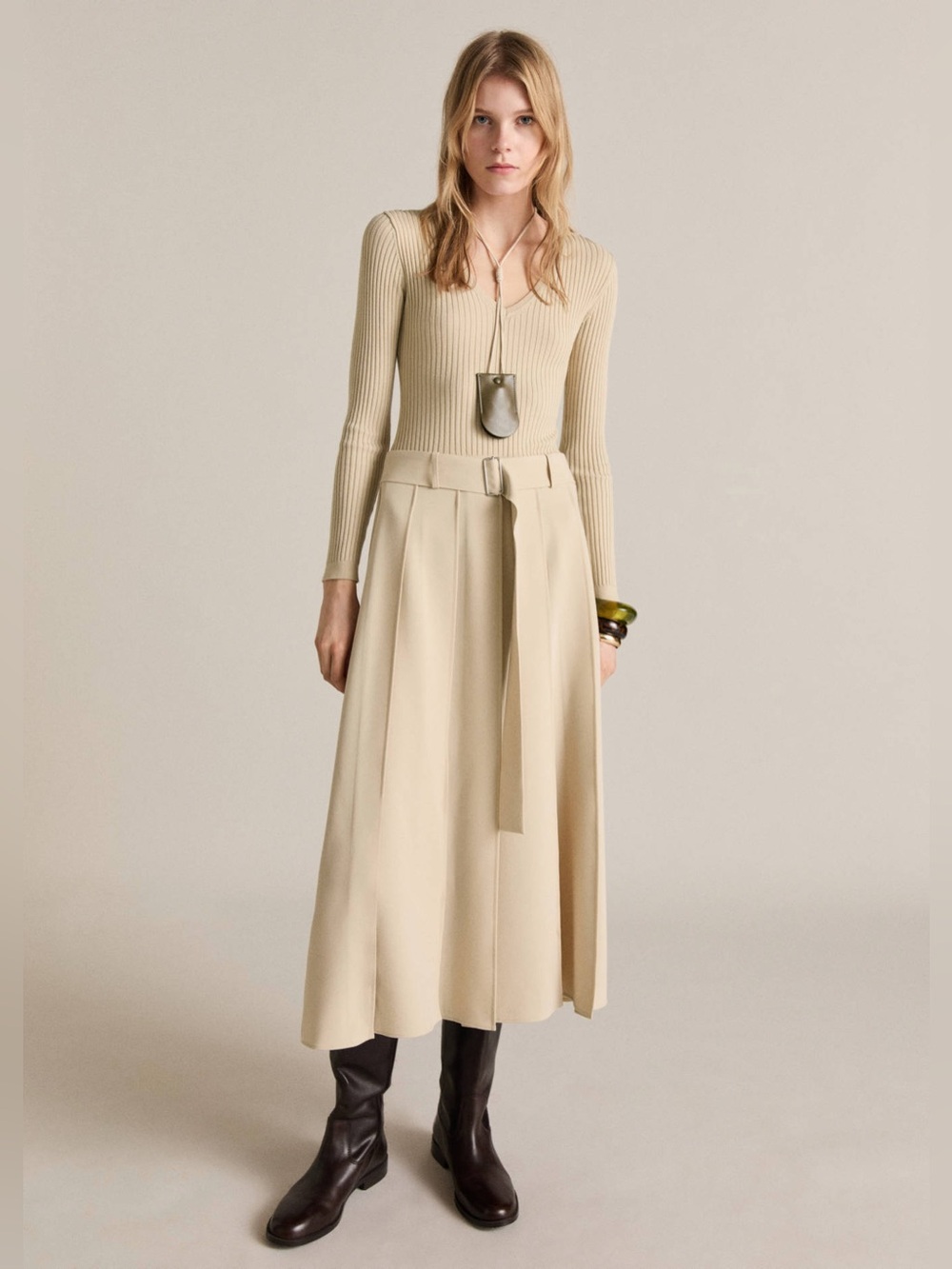 Mango Combined Woven Midi Dress with Belt Ecru Size 8 NWOT